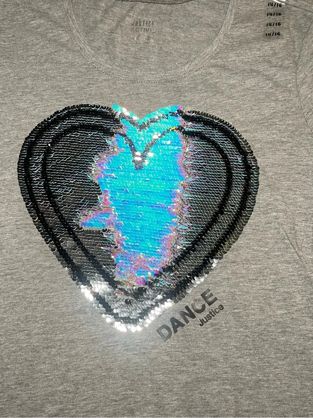 New girls Justice 3/4 sleeve tee Dance reversible sequin heart design 14/16 gray